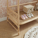 CuddleCo Aria Clothes Rail in a pink Scandi style nursery with a close up of the storage shelf | Wardrobe | Nursery Furniture - Clair de Lune UK