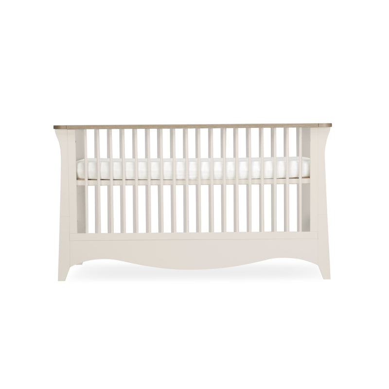 The cot bed of the Cashmere CuddleCo Clara 3pc Nursery Set - 3 Drawer Dresser/Changer, Cot Bed & Wardrobe | Nursery Furniture Sets | Room Sets | Nursery Furniture - Clair de Lune UK