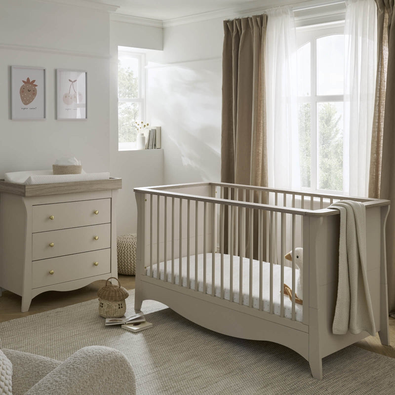 Cashmere CuddleCo Clara 2pc Nursery Set - 3 Drawer Dresser/Changer & Cot Bed in a natural Scandi Cream gender-neutral nursery | Nursery Furniture Sets | Room Sets | Nursery Furniture - Clair de Lune UK