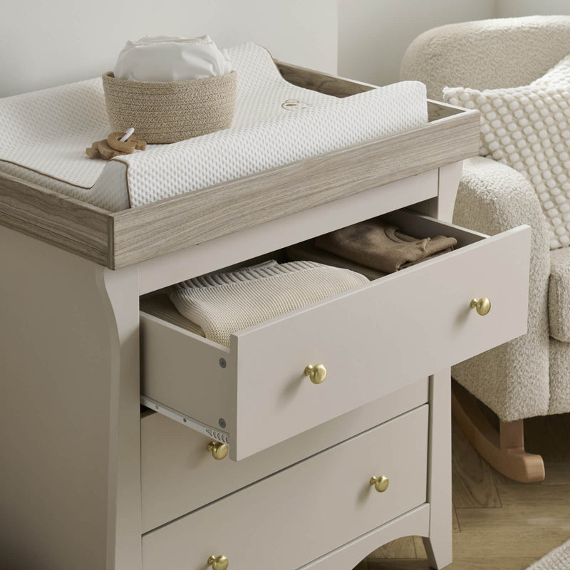 The large drawers of the cashmere Clara changer from the Cashmere CuddleCo Clara 3pc Nursery Set - 3 Drawer Dresser/Changer, Cot Bed & Wardrobe in a natural Scandi Cream gender-neutral nursery | Nursery Furniture Sets | Room Sets | Nursery Furniture - Cla