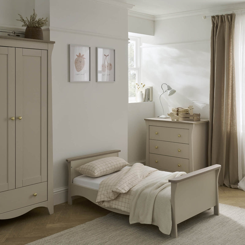 Cashmere CuddleCo Clara 3pc Nursery Set - 3 Drawer Dresser/Changer, Cot Bed & Wardrobe in a natural Scandi Cream gender-neutral nursery with the cot bed transformed to a toddler bed | Nursery Furniture Sets | Room Sets | Nursery Furniture - Clair de Lune 