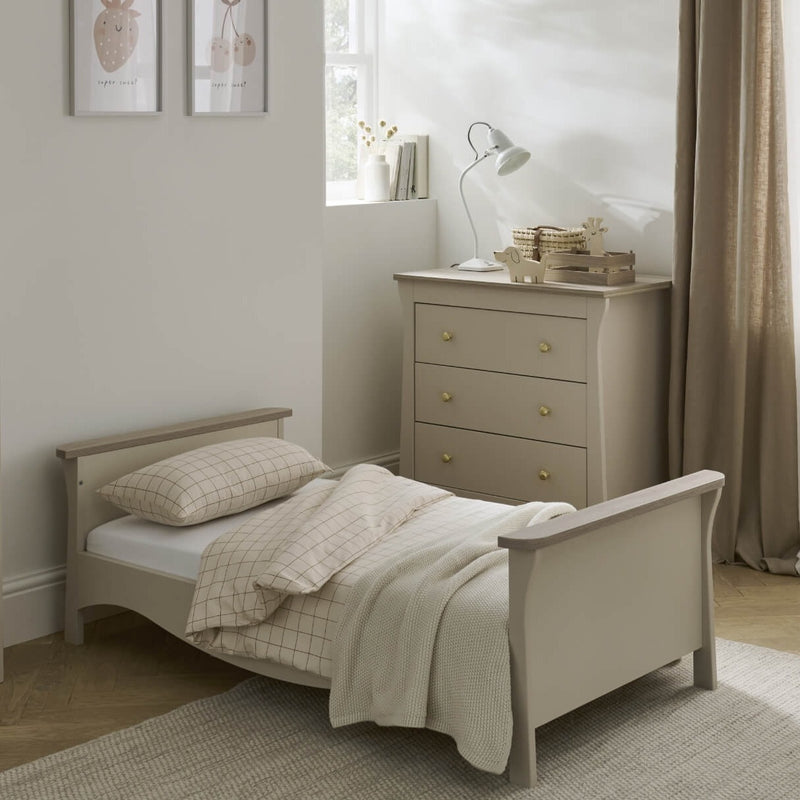 Cashmere CuddleCo Clara 2pc Nursery Set - 3 Drawer Dresser/Changer & Cot Bed in a natural Scandi Cream gender-neutral nursery with the cot bed transformed to a toddler bed | Nursery Furniture Sets | Room Sets | Nursery Furniture - Clair de Lune UK