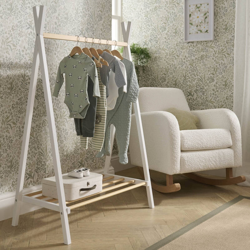 Natural and White CuddleCo Nola Clothes Rail with baby clothes | Wardrobes & Shelves | Storage Solutions | Nursery Furniture - Clair de Lune UK