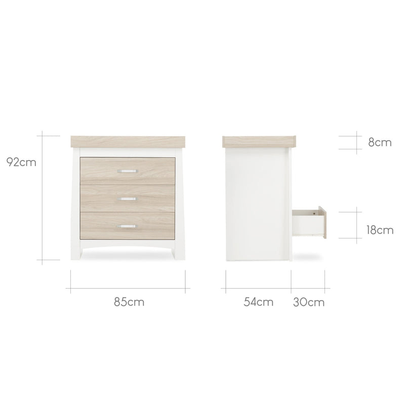 The dimensions of the White and Natural Changer from the CuddleCo Ada Cot Bed & Nursery Room Sets in a trendy green nursery room | Nursery Furniture Sets | Room Sets | Nursery Furniture - Clair de Lune UK