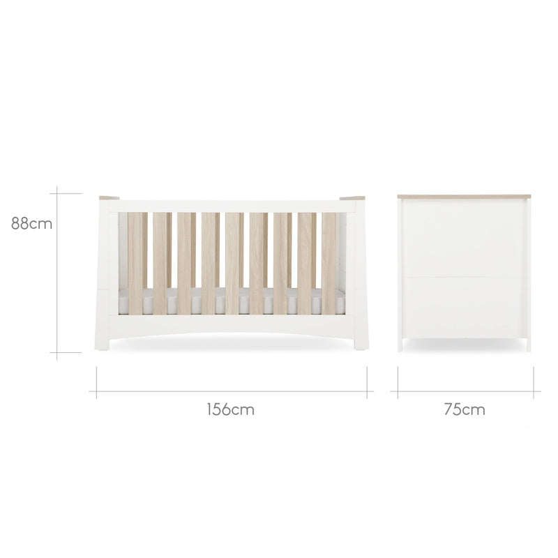The dimensions of the White and Natural Cot Bed from the CuddleCo Ada Cot Bed & Nursery Room Sets in a trendy green nursery room | Nursery Furniture Sets | Room Sets | Nursery Furniture - Clair de Lune UK