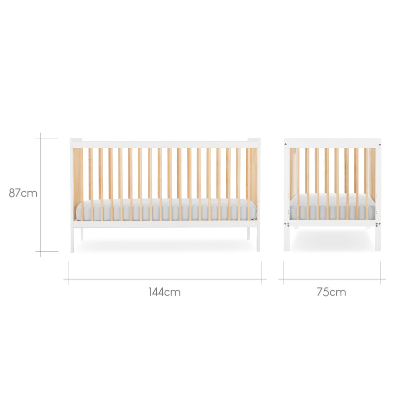 The dimensions of the cot bed from the Cuddleco Nola Scandi Cot Bed & Room Sets | Nursery Furniture Sets | Room Sets | Nursery Furniture - Clair de Lune UK