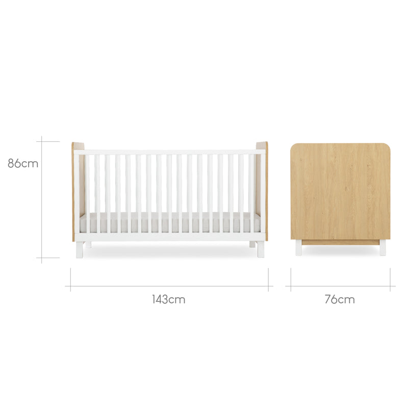 The dimensions of the Natural Wood and White CuddleCo Rafi Cot Bed | Cots, Cot Beds, Toddler & Kid Beds | Nursery Furniture - Clair de Lune UK
