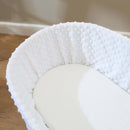 The sheet of the pack of 2 Pack Universal Cotton Moses Basket Sheets in White - 74 x 30 cm on a Moses basket mattress | Soft Baby Sheets | Cot, Cot Bed, Pram, Crib & Moses Basket Bedding - Clair de Lune UK