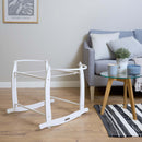 White Deluxe Rocking Stand on a wooden floor in a neutral grey living room | Moses Basket Stand | Moses Baby Baskets & Bassinet Accessories | Nursery Furniture - Clair de Lune UK