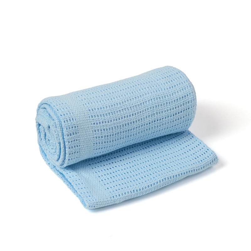 Folded Blue Soft Cotton Cellular Pram Blanket | Cosy Baby Blankets | Nursery Bedding | Newborn, Baby and Toddler Essentials - Clair de Lune UK
