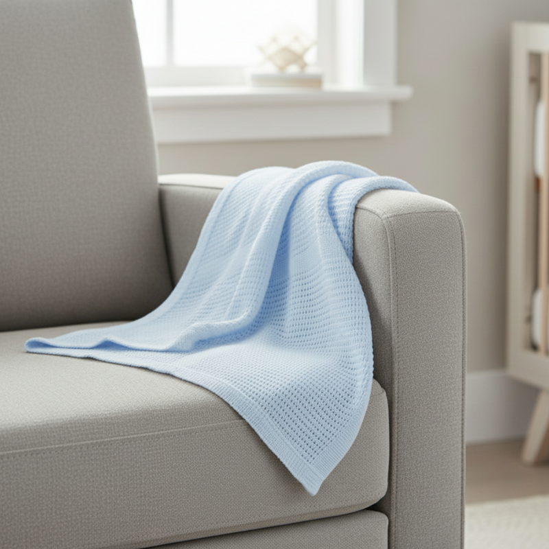 Blue Soft Cotton Cellular Shawl draped over the side of a grey feeding chair in the nursery | Baby Blankets | Nursery Bedding - Clair de Lune UK