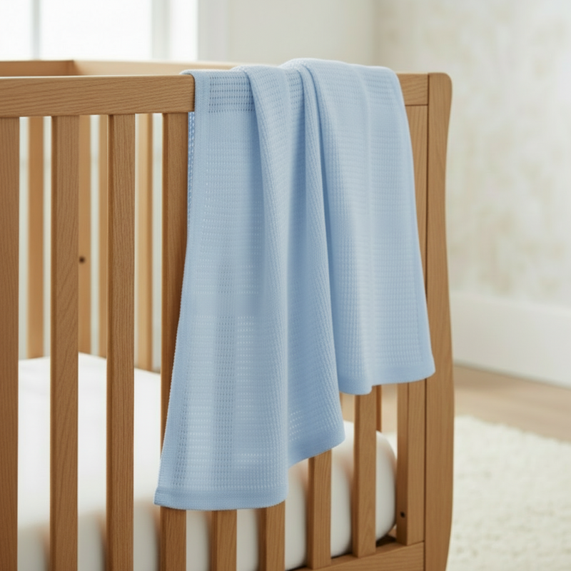 Blue Soft Cotton Cellular Cot Blanket draped over Oak Cot Bed | Cosy Baby Blankets & Swaddles | Nursery Linen - Clair de Lune UK