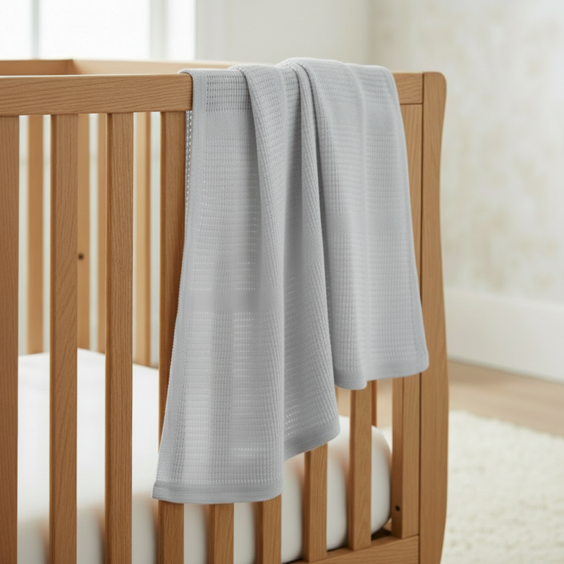 Grey Soft Cotton Cellular Cot Blanket draped over Oak Cot Bed | Cosy Baby Blankets & Swaddles | Nursery Linen - Clair de Lune UK