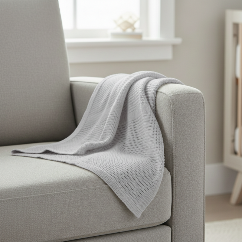 Grey Soft Cotton Cellular Shawl draped over the side of a grey feeding chair in the nursery | Baby Blankets | Nursery Bedding - Clair de Lune UK