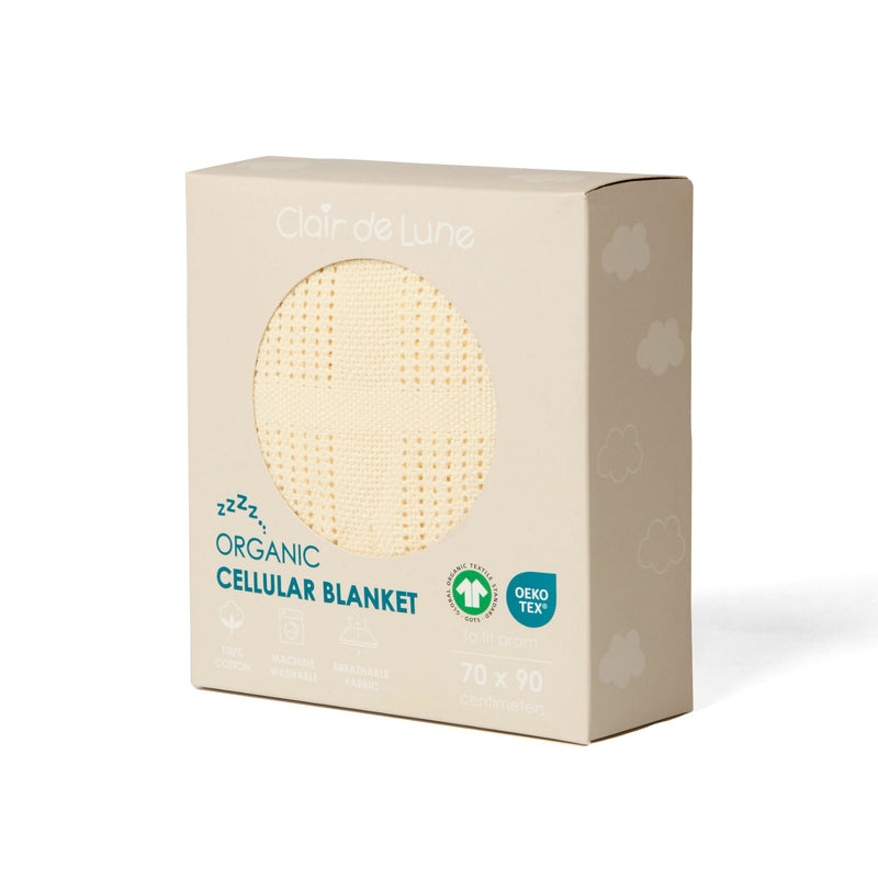 The packaging of the Cream Organic Cotton Cellular Blanket | Cosy Baby Blankets | Nursery Bedding | Newborn, Baby and Toddler Essentials - Clair de Lune UK