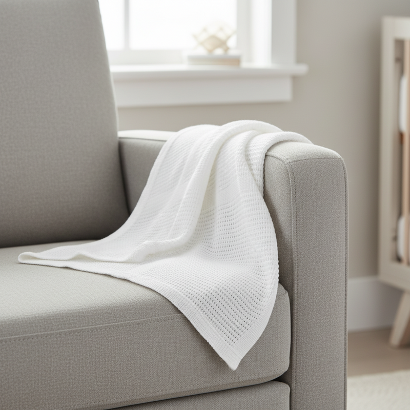 White Soft Cotton Cellular Shawl draped over the side of a grey feeding chair in the nursery | Baby Blankets | Nursery Bedding - Clair de Lune UK