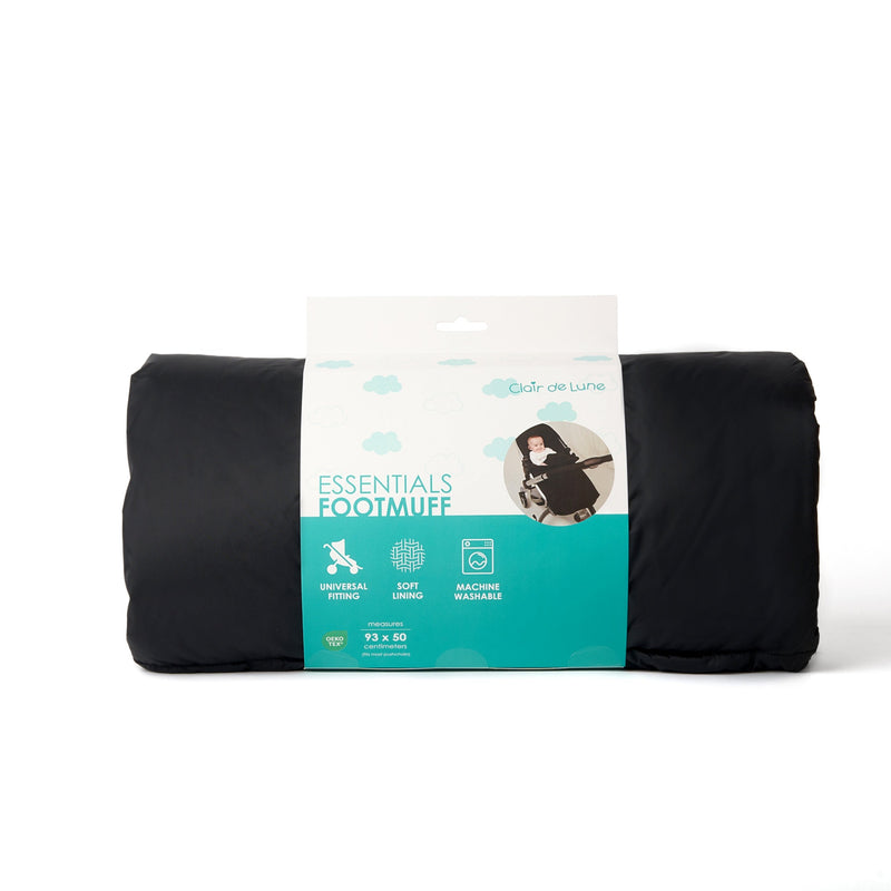 Black Essentials Universal Footmuff with its packaging | Pushchair Cosytoes & Footmuffs | Travel Accessories - Clair de Lune UK