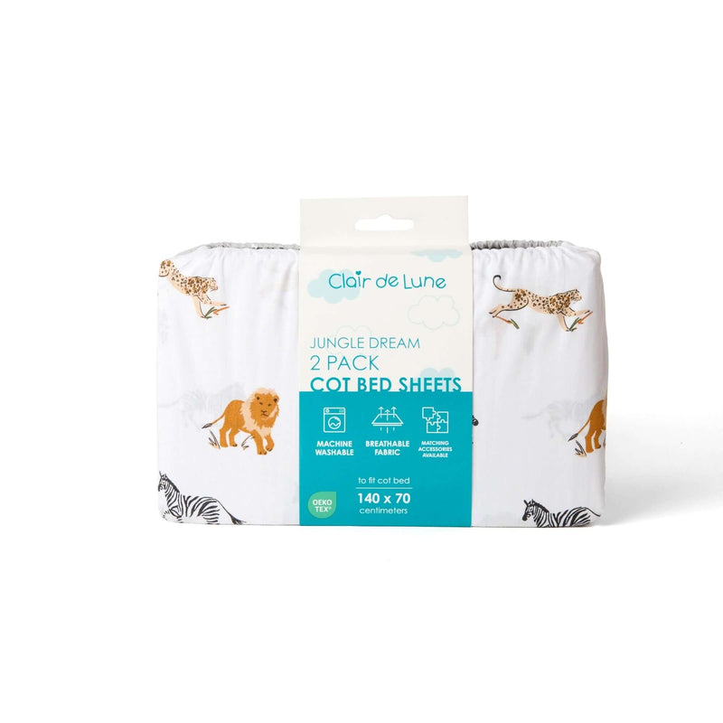 2 Pack Fitted Jungle Dream Cot Bed Sheets - 140 x 70 cm in a gift bag | Soft Baby Sheets | Cot, Cot Bed, Pram, Crib & Moses Basket Bedding - Clair de Lune UK
