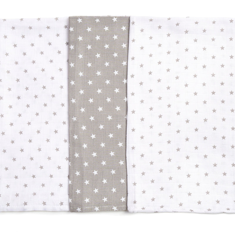 3 Pack Star Muslin Squares | Cosy Baby Blankets | Nursery Bedding | Newborn, Baby and Toddler Essentials - Clair de Lune UK