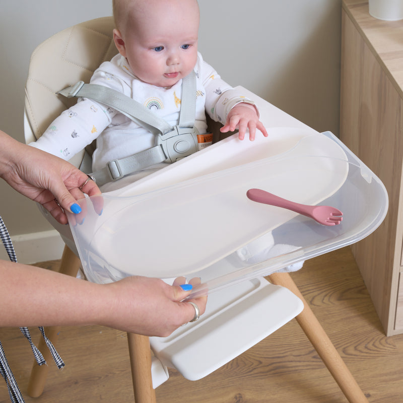 Mum removing the washable tray from the Beige 6in1 High Chair | Highchairs | Feeding & Weaning - Clair de Lune UK