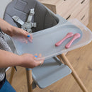 Parent removing the wipe, clean tray from the Grey 6 in 1 High Chair with the seat pad | High chairs | Feeding & Weaning | Toddler Furniture - Clair de Lune UK