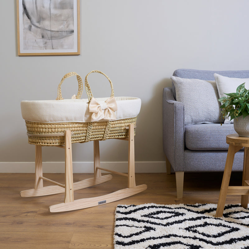 Cream 80th Anniversary Chelsea Palm Moses Basket on the Natural Standard Rocking Stand | Moses Baby Baskets, Bassinets | Nursery Furniture - Clair de Lune UK