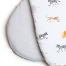 The polka dot side and the jungle dream side of the 2 Pack Fitted Jungle Dream Moses Basket Sheets - 74 x 30 cm | Baby Sheets | Bassinet & Moses Basket Bedding - Clair de Lune UK