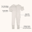 Cashmere Grow Grows Organic Pinstripe Sleepsuit on white background with key features | Baby Grows and Onesies | Organic Baby Clothes - Clair de Lune UK
