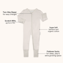 Cashmere Pin Stripe Sleepsuit with classic stripe design made from bamboo and organic cotton from GrowGrows with key features highlighted - Clair de Lune UK