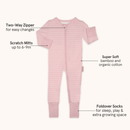 Pink Grow Grows Organic Pinstripe Sleepsuit on white background with key features | Baby Grows and Onesies | Organic Baby Clothes - Clair de Lune UK