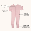Pink Pinstripe Sleepsuit with classic pink stripe design made from bamboo and organic cotton from GrowGrows ith key features highlighted - Clair de Lune UK