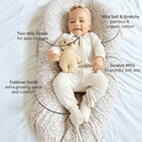 Baby girl wearing the Cashmere Grow Grows Organic Ribbed Baby Sleepsuit with key features labelled | Baby Sleep Wear | Children's pyjamas - Clair de Lune UK