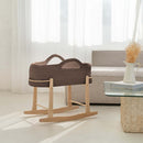 Chocolate Crochet Moses Basket With Stand in a neutral and calm beige living room | Moses Baby Baskets & Bassinets - Clair de Lune UK