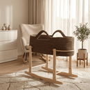 Chocolate Crochet Moses Basket With Stand in a neutral and calm beige nursery | Moses Baby Baskets & Bassinets - Clair de Lune UK