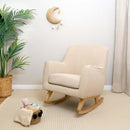 Cream Bouclé Rocking Chair in the corner of a greige nursery by a large pot plant | Nursing Chair | Nursery Furniture - Clair de Lune UK