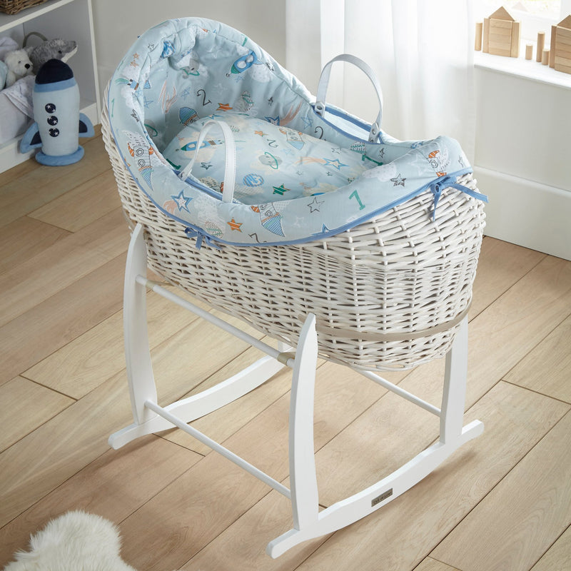 Forty Winks White Wrapover Noah Pod on Deluxe White Rocking Stand in a Space themed Nursery | Bassinets & Moses Baskets - Clair de Lune UK