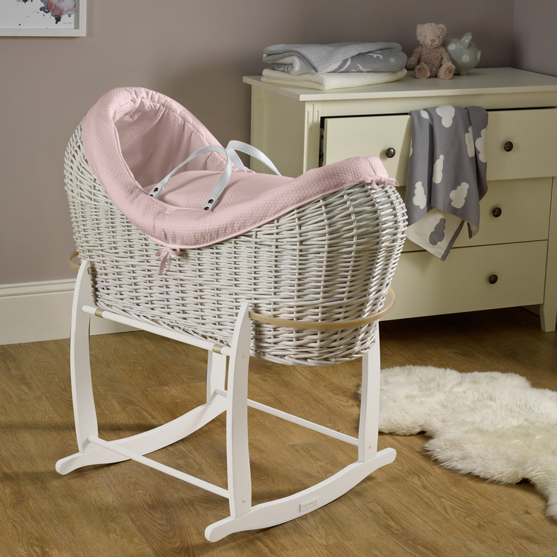 Pink Cotton Dream White Wrapover Noah Pod on the white Deluxe rocking stand | Bassinets | Nursery Furniture - Clair de Lune UK