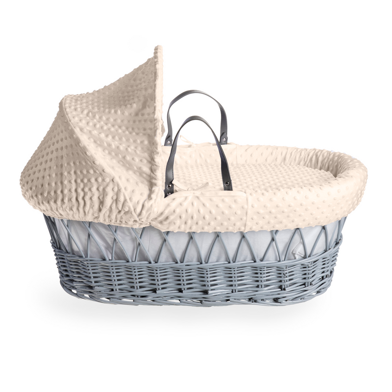 Cream Dimple Grey Wicker Moses Basket view from the side of the leather-look handles | Moses Baby Baskets, Bassinets & Co-sleepers | Nursery Furniture - Clair de Lune UK