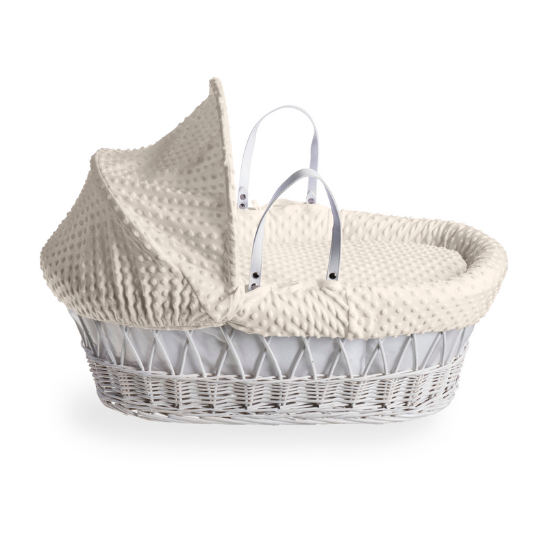 Cream Dimple White Wicker Moses Basket landscape with close up of the leather-look handles | Moses Baby Baskets, Bassinets | Co-sleepers | Nursery Furniture - Clair de Lune UK