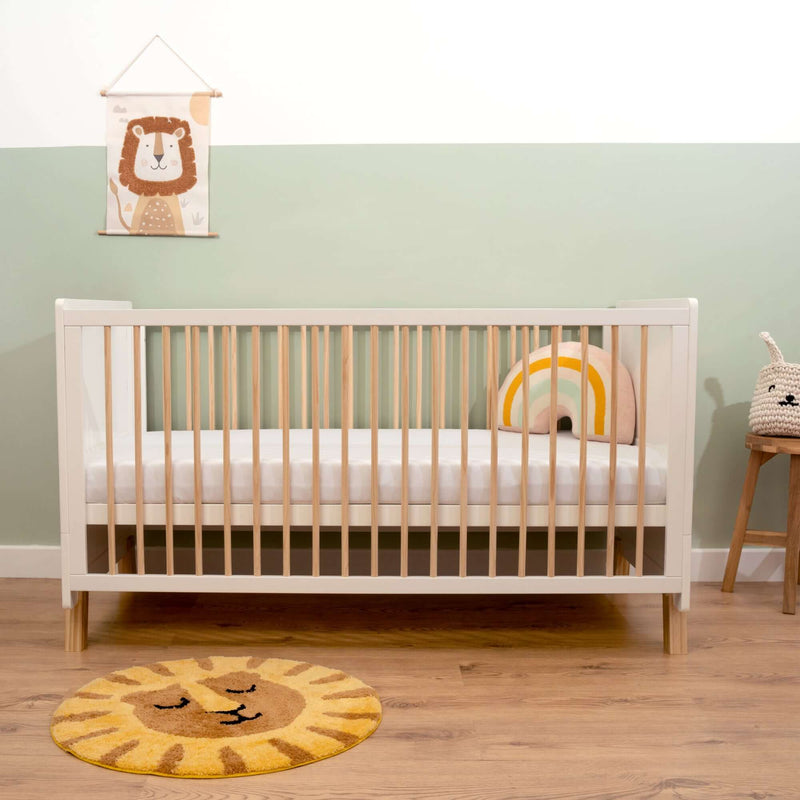 White Essentials Cot Bed in a sage green Scandi nursery room | Cots, Cot Beds, Toddler & Kid Beds | Nursery Furniture - Clair de Lune UK
