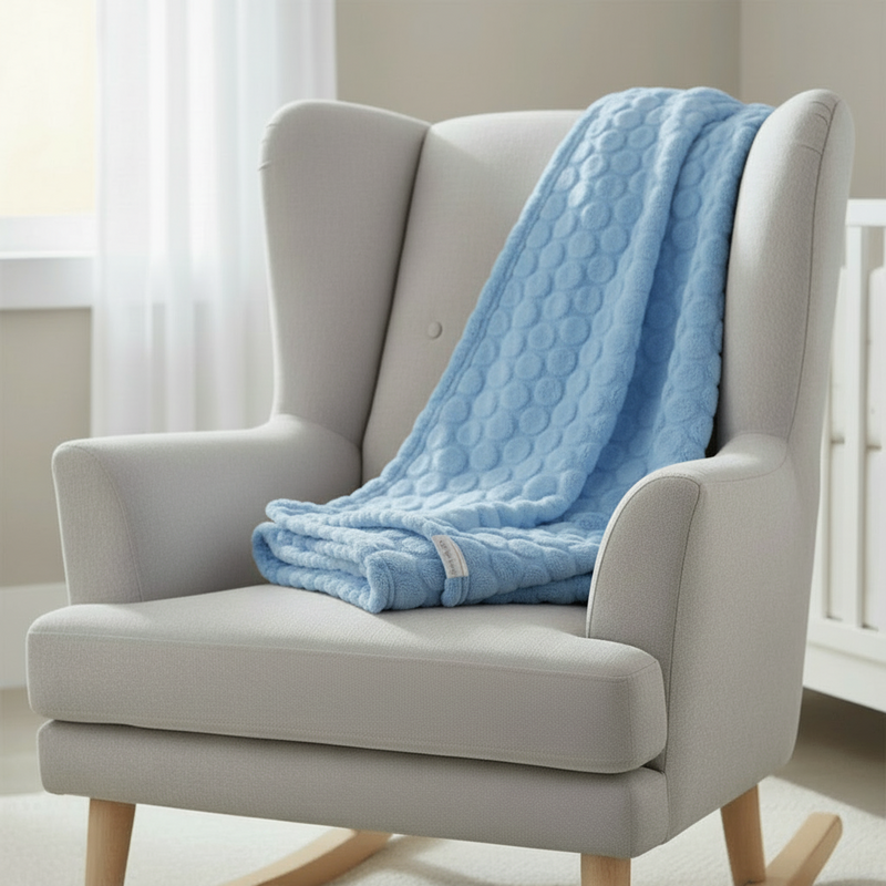 Blue Marshmallow Baby Blanket draped over a nursing chair in the nursery | Cosy Baby Blankets | Nursery Bedding - Clair de Lune UK