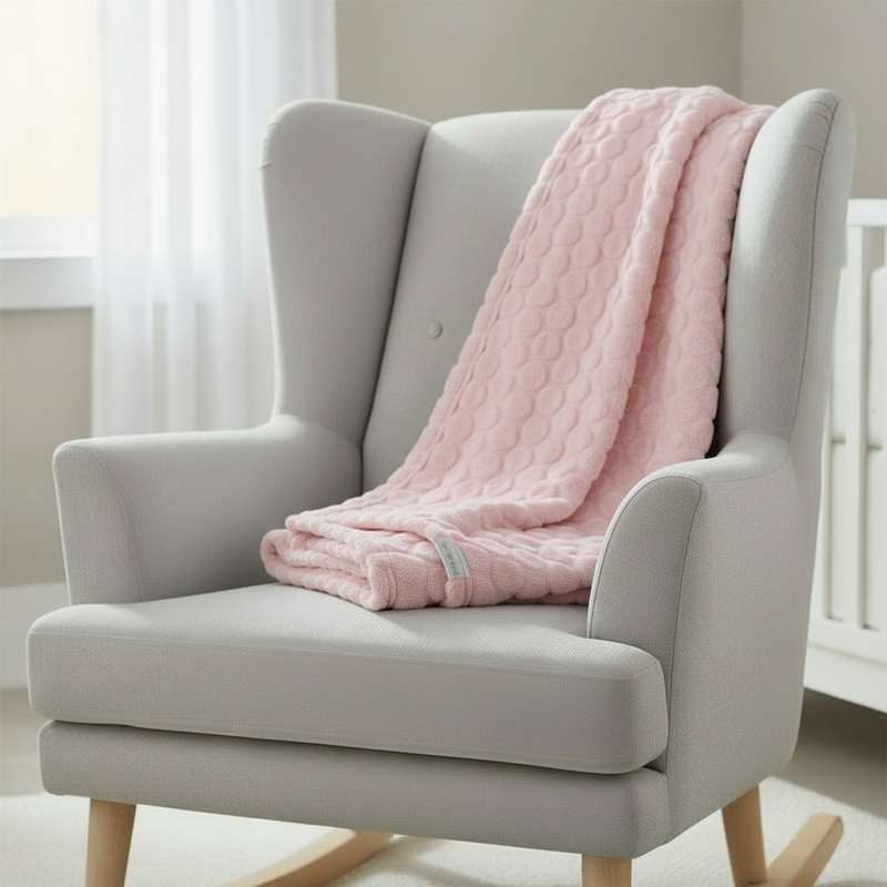 Pink Marshmallow Baby Blanket draped over a nursing chair in the nursery | Cosy Baby Blankets | Nursery Bedding - Clair de Lune UK