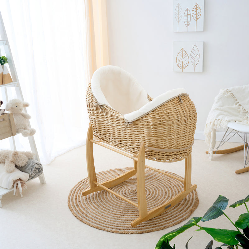 White Organic Natural Noah Pod on the Natural Standard Rocking Stand in a Scandi style nursery | Bassinets | Nursery Furniture - Clair de Lune UK