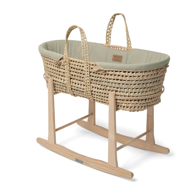Sage Green Organic Palm Moses Basket on the Natural Standard Rocking Stand | Moses Baskets and Stands | Co-sleepers | Nursery Furniture - Clair de Lune UK