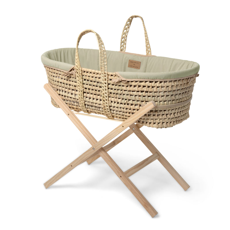 Sage Green Organic Palm Moses Basket on the Natural Folding Stand | Moses Baskets and Stands | Co-sleepers | Nursery Furniture - Clair de Lune UK
