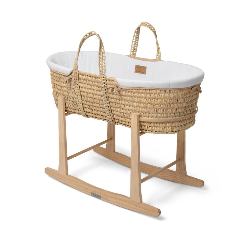 White Organic Palm Moses Basket on the Natural Standard Rocking Stand | Moses Baskets and Stands | Co-sleepers | Nursery Furniture - Clair de Lune UK