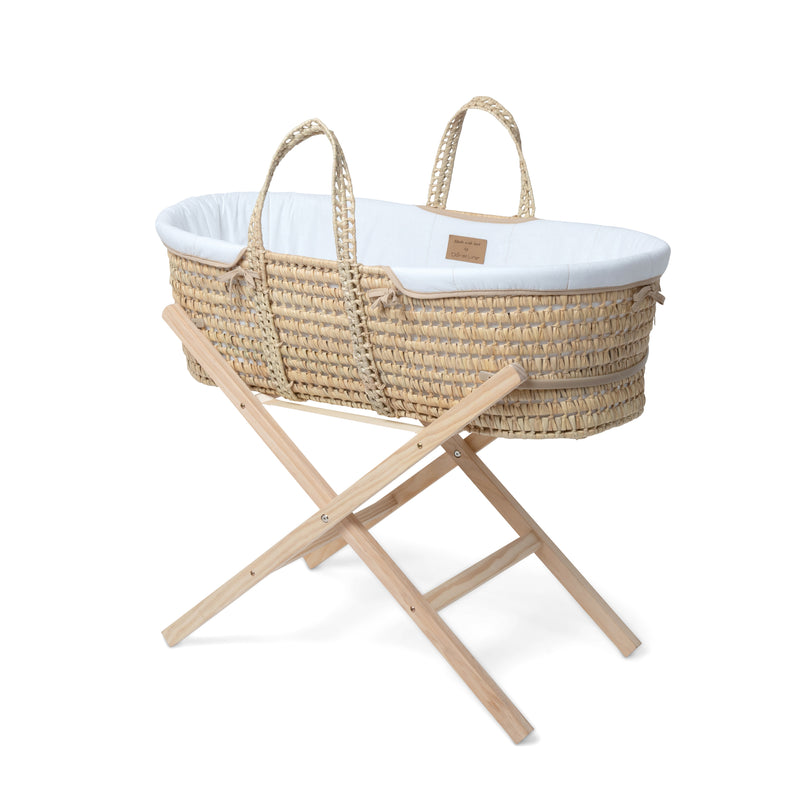 White Organic Palm Moses Basket on the Natural Folding Stand | Moses Baskets and Stands | Co-sleepers | Nursery Furniture - Clair de Lune UK