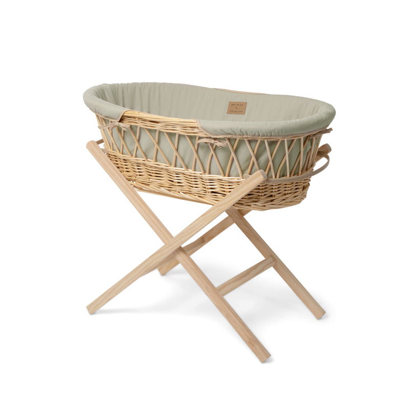 Sage Green Organic Natural Wicker Moses Basket on the Natural Folding Stand | Moses Baskets | Co-sleepers | Nursery Furniture - Clair de Lune UK