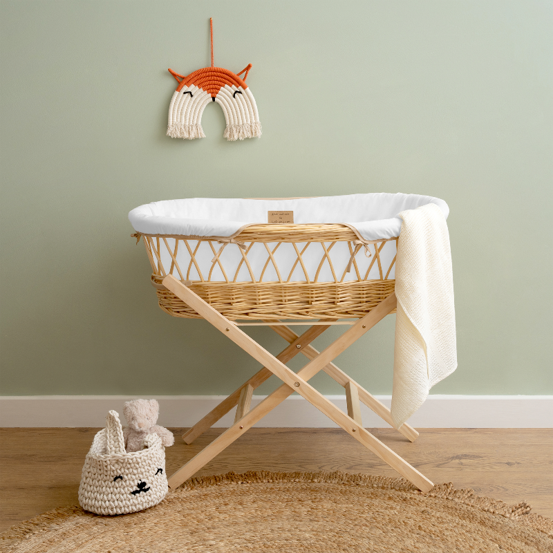 White Organic Natural Wicker Moses basket on Natural Pine Folding Stand | Moses Baby Baskets, Bassinets | Nursery Furniture - Clair de Lune UK