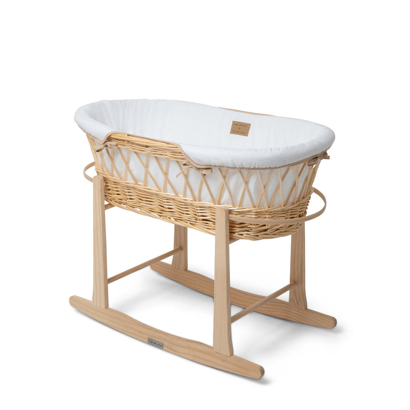 White Organic Natural Wicker Moses Basket on the Natural Rocking Stand | Moses Baskets | Co-sleepers | Nursery Furniture - Clair de Lune UK